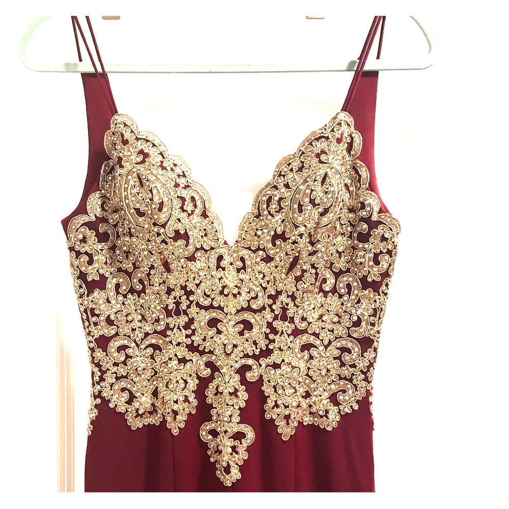 Burgundy and Gold studded evening gown